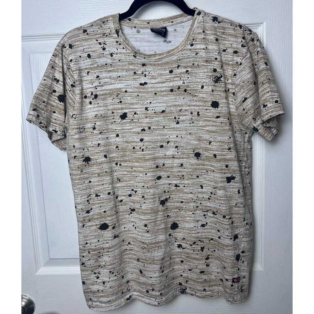 Southpole Men's Short Sleeve T-Shirt Crew Neck Beige Black Splatter Print Large